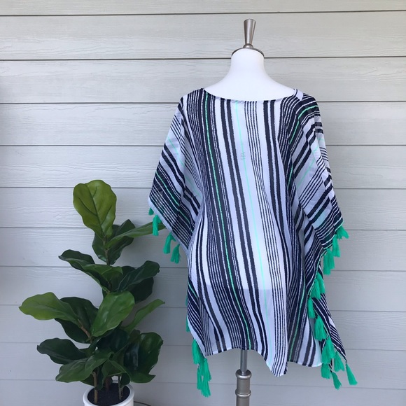 NWT Navy + Green Tassel Caftan CoverUp Beach Dress - Picture 8 of 8